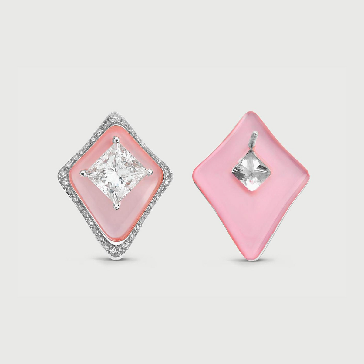 Diamond Earrings in Carved Pink Quartz
