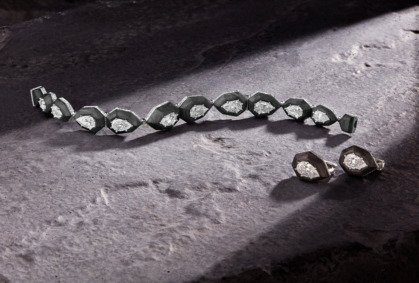 Carbon & White Diamonds Earrings & Bracelet | Louiza Jewellery