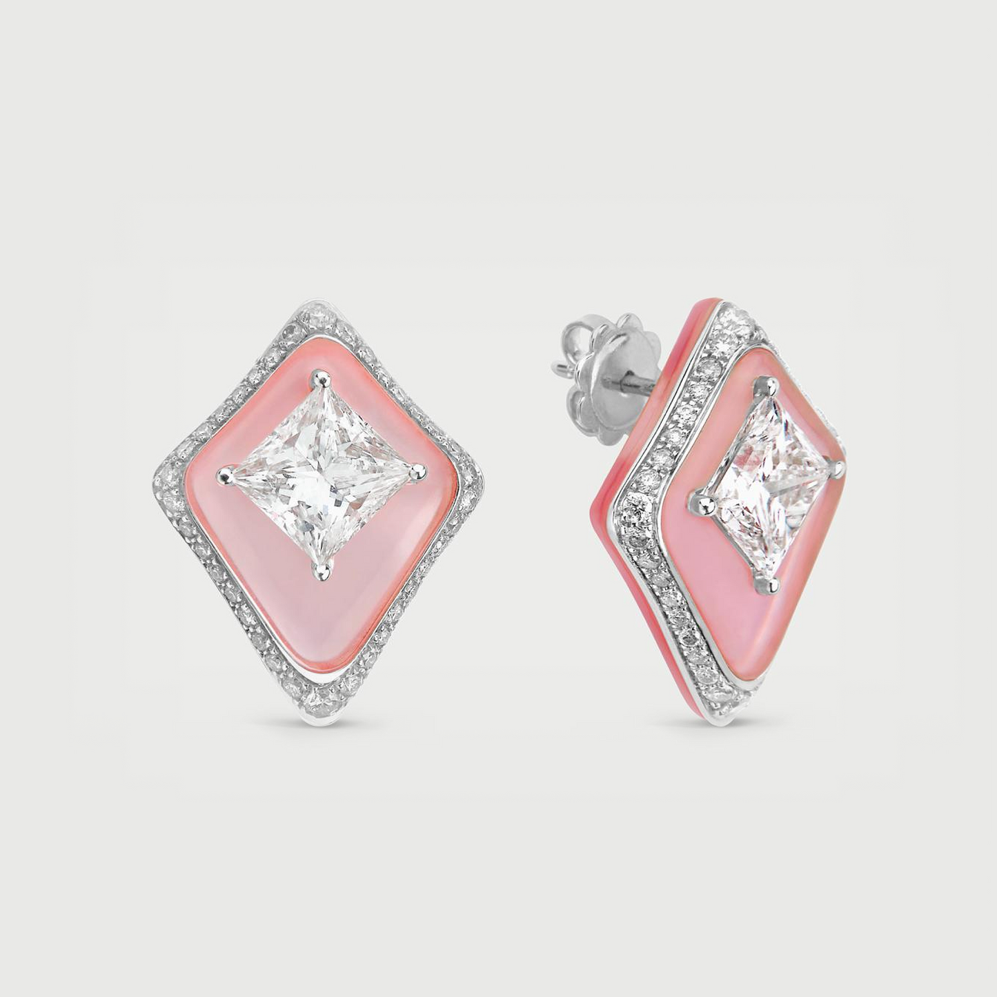 Diamond Earrings in Carved Pink Quartz