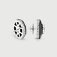 Hexagonal earrings with black and white design on a light gray background