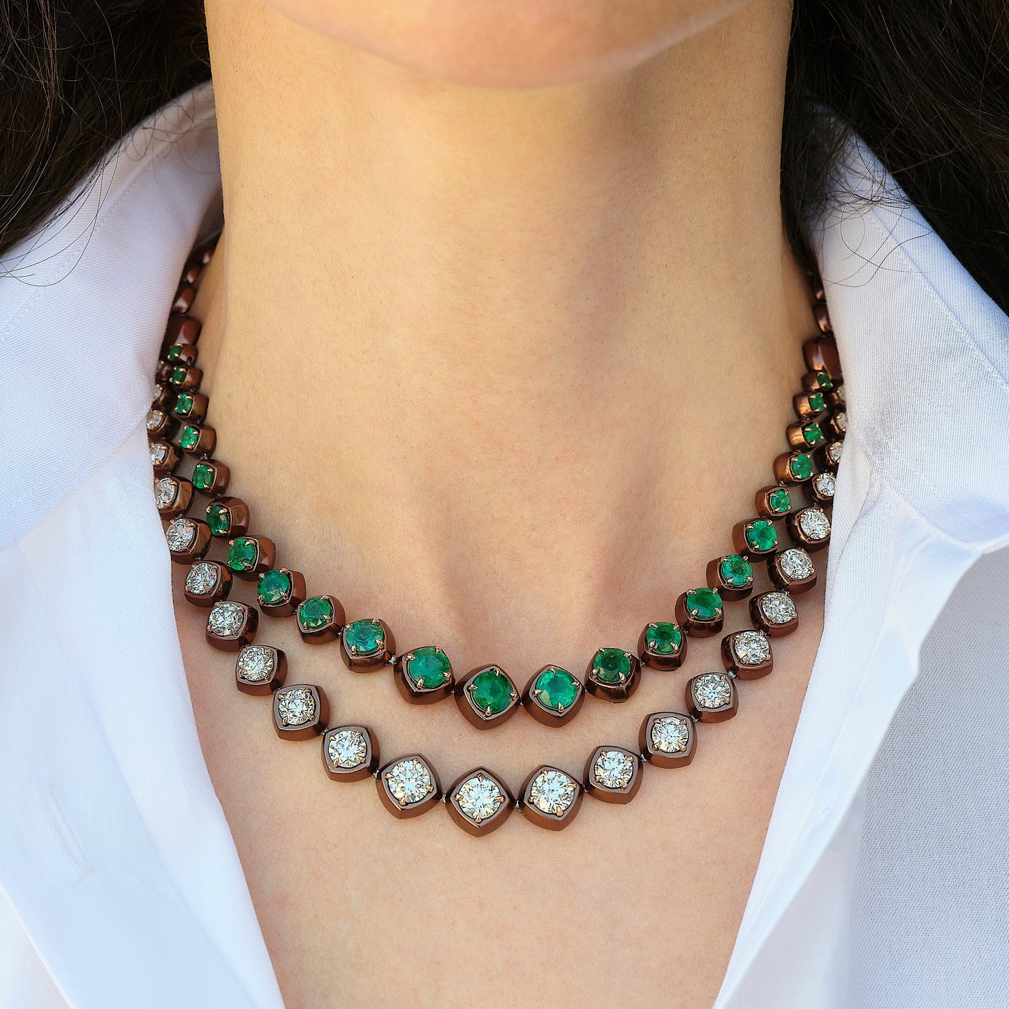 Necklace in Brown Titanium with Emeralds & Diamonds